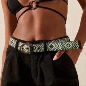 Free People Women's M/L Moving to Mars Cotton Leather Belt Green Black Western